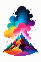 Vibrant mountain peaks with colorful smoke clouds rising against white background, featuring gradient transitions from dark blue to yellow, orange, and purple tones.