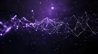 Abstract network of connected dots and lines forming geometric shapes against dark purple space background with glowing particles and bokeh effects.