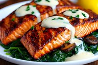 Grilled salmon fillets with creamy sauce served on wilted spinach and mushrooms, garnished with fresh herbs, close up view of gourmet seafood dish.