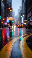 Rainy city street at night with colorful bokeh lights reflecting on wet asphalt, yellow road markings, and blurred urban pedestrians with umbrellas.