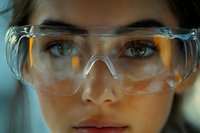 Close up portrait of young woman wearing protective transparent safety glasses with amber reflection in eyes, focused on eye protection and workplace safety.