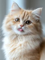 Adorable cream colored Persian cat with blue eyes sticking out tongue in playful expression against soft blurred background. Long fluffy fur and sweet facial features.