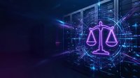 Digital justice scales with glowing neon circuits and data streams representing legal technology, artificial intelligence in law, and modern judicial systems.