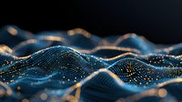 Digital wave landscape with glowing particles and light dots creating flowing curves against dark background, technology network visualization concept.