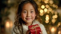 Young Asian girl with long dark hair holding red gift box with bow against blurred Christmas lights background, wearing white fur collar.