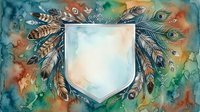 Watercolor boho shield frame with peacock feathers and tribal elements on colorful background for bohemian design projects and artistic decorations.