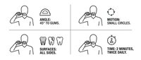 Professional dental care instruction guide showing proper electric toothbrush technique with angles, motion, surfaces and timing for optimal oral hygiene.