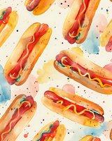 Watercolor hot dogs with mustard, ketchup and relish on colorful splashed background. Food illustration pattern for menu design, packaging, and culinary projects.