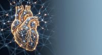 Golden anatomical heart with glowing neural network connections on blue gradient background for medical education and healthcare technology concepts.