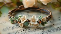 Delicate floral crown with cream ceramic flowers and green leaves on twisted copper wire, displayed on vintage sheet music. Romantic wedding accessory or photo prop.