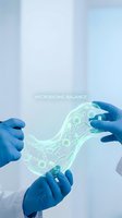 Medical professionals in blue gloves examining glowing microbiome balance visualization with bacteria and microorganisms in modern laboratory setting.