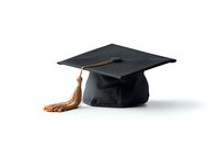 Black graduation mortarboard cap with gold tassel isolated on white background, academic achievement symbol for education and university graduation designs.