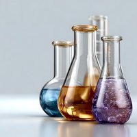 Laboratory glassware with colorful liquids in blue, amber and purple showing chemical reaction process on light background, scientific research concept.