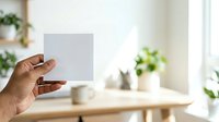 A person with medium skin tone holds a blank white card in their hand against a bright, minimalist workspace with potted plants and natural sunlight for mockup and branding purposes.