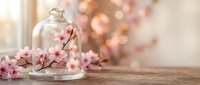 Glass cloche dome with delicate pink cherry blossoms on rustic wooden table. Soft bokeh lights create romantic spring atmosphere for home decor and styling.