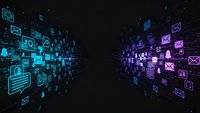 Digital technology icons floating in cyberspace with blue and purple neon glow effects on black background for business presentations.