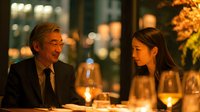 Mature businessman and young Asian woman enjoying wine at upscale restaurant during evening dinner meeting with city lights background for business dining concepts.