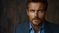 Dramatic portrait of mature Caucasian male model with blue eyes and beard wearing business suit against dark textured background, professional headshot style lighting.