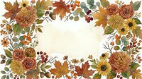 Autumn floral frame with roses, sunflowers, maple leaves, berries, and chrysanthemums surrounding a blank center space for text or design.