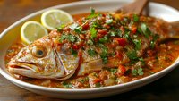 Grilled whole fish with herbs, peppers and lime slices on white plate. Fresh seafood dish with colorful vegetables and garnish for restaurant menu design.