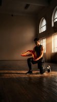 Athletic young man training with resistance band in dramatic sunlit gym interior performing lunge exercise for strength and fitness workout routine.