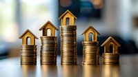 Golden stacks of coins with miniature wooden houses on top showing real estate market fluctuation and property investment concept on blurred background.