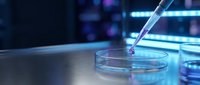 Pipette dispensing liquid sample into petri dish in modern laboratory with blue neon lighting, scientific research and biotechnology testing.