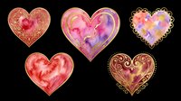 Watercolor hearts set with gold details, isolated on transparent background. Five decorative Valentine designs for stickers, t-shirt design, print on demand, sublimation, and clipart.