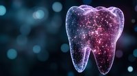 Cosmic molar tooth with galaxy pattern and stars inside on dark background with bokeh lights, dental care concept for medical and healthcare designs.