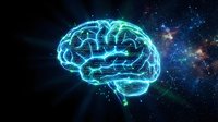 Glowing neon brain with neural pathways on dark starry background, representing artificial intelligence, neuroscience, and digital technology concepts.