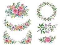 Watercolor floral arrangements with roses, greenery, and botanical elements isolated on white background. Ready for wedding invitations, greeting cards, and design projects.