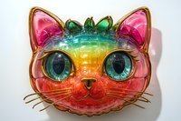 Rainbow colored cat face with big turquoise eyes and golden whiskers on white background, stylized as glass or crystal decoration piece for modern home decor.