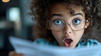 Young mixed race woman with curly hair and glasses expressing shock and surprise while reading document, close up portrait in blue tones.