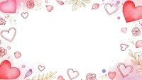 Romantic watercolor frame with pink hearts, roses and floral elements on white background for Valentine's Day cards, wedding invitations and love designs.