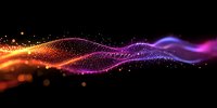 Abstract glowing wave of colorful particles flowing on black background, orange and purple light trail with sparkling bokeh effect and dynamic motion.