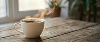 Steaming hot coffee cup on rustic wooden table with warm morning sunlight streaming through window creating cozy atmosphere for relaxation and comfort.