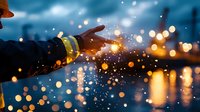 Silhouetted hand reaching towards glowing bokeh lights against urban twilight backdrop, creating magical atmosphere with scattered light particles and reflections.