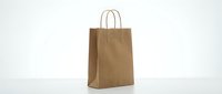 Brown kraft paper shopping bag with handles isolated on white background for retail packaging and eco-friendly commerce applications.
