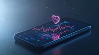 Glowing heart rate pulse trace and heart symbol floating above smartphone screen in dark blue atmosphere with neon pink light effects. Medical health monitoring concept.