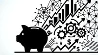 Black piggy bank silhouette with financial growth charts, gears, network connections and dollar symbols on white background for business concepts.