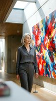 Elegant senior woman art curator admiring colorful abstract painting in modern gallery space with natural lighting and contemporary architecture.