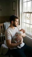 Young Caucasian father gently holds sleeping newborn by window in cozy nursery, soft natural light capturing tender fatherhood moment.