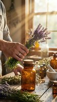 Adult male holding fresh lavender bunch near amber glass bottles and mortar, creating herbal essential oils and natural remedies in rustic workspace with warm window light.