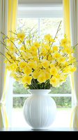 Yellow daffodils in white ceramic vase on windowsill with matching yellow curtains, natural daylight streaming through window creates bright spring atmosphere.