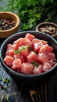 Fresh raw tuna cubes with dill garnish in ceramic bowl on rustic wooden table with peppercorns for sushi, poke bowls and seafood cooking preparation.