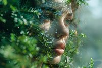 Young Asian woman's face partially hidden behind green pine branches with dreamy bokeh light effects creating mystical forest atmosphere.