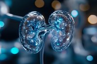 Glowing blue kidney model with internal structure detail on dark background with bokeh lights, medical science visualization for healthcare and anatomy education.