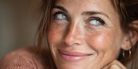 Freckled woman with white eyes smiling gently in soft natural light, showcasing unique facial features for diversity and inclusion campaigns.