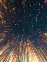 Colorful light trails exploding in space with dynamic motion effect, creating abstract starburst pattern against dark background. Glowing streaks in orange, blue and purple.