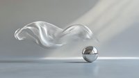 Minimalist composition with flowing white fabric floating above metallic sphere on light gray surface, dramatic lighting creates ethereal atmosphere and shadow play.